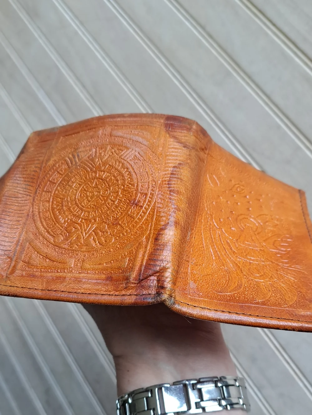 Vintage Handmade Mexican Tooled Leather Trifold Wallet Aztec Mayan Eagle Boho
